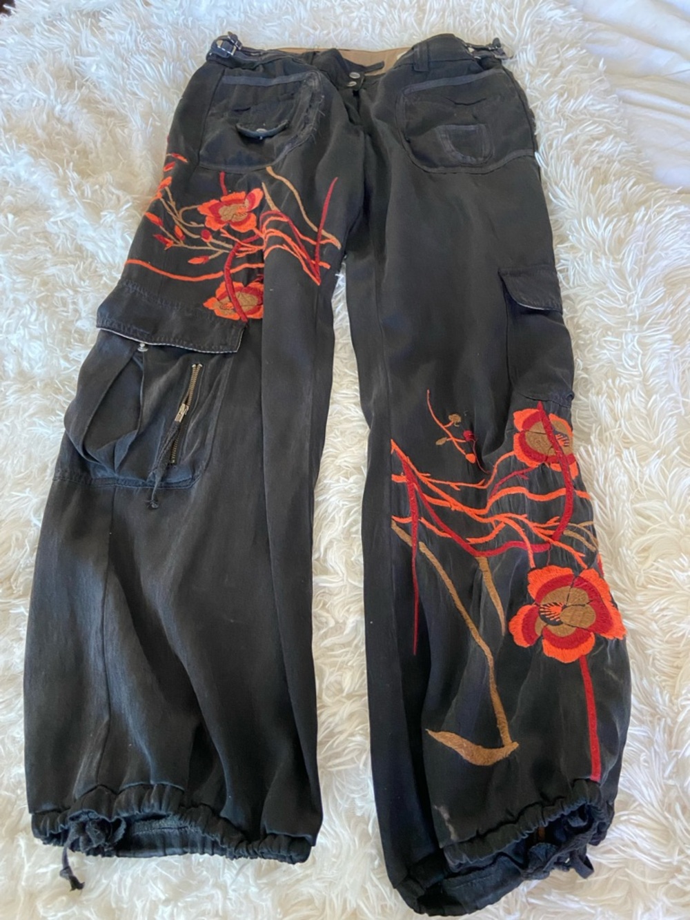 Black Embroidered Cargo Pants
